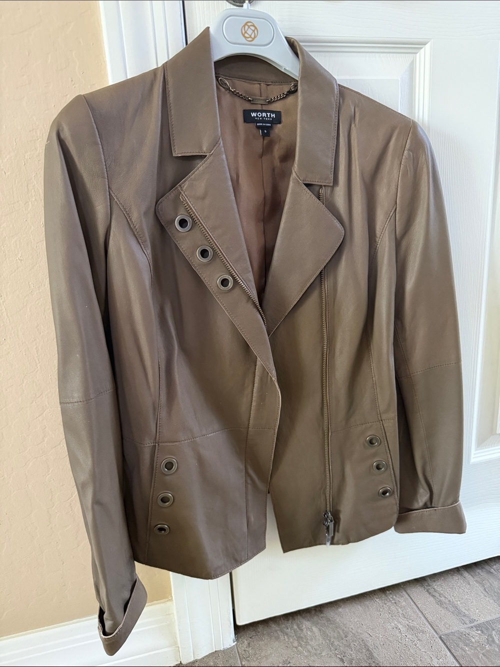 WORTH Taupe Brown Leather Moto-Style Jacket